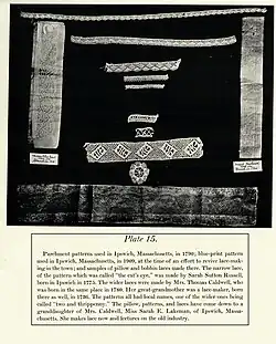 Parchment patterns for Ipswich lace, and samples of lace