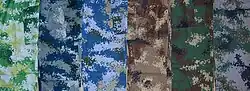 Various camouflage color schemes suited to different background terrain types.
