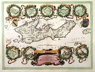An old Venetian map of Isola di Corfu: posseduta dalla Serenissima Republica di Venetia ca. 1690 featuring the map of Angelokastro inside a wreath, amongst similar representations of the rest of the castles of Corfu. Angelokastro is indicated as "Castello S. Angelo" in a ribbon below the top right wreath of the map.