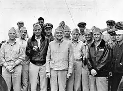 VADM William F. Halsey with members of his staff, c. 1941-42. His yeomen are at the far right: (from right to left) Yeoman I.N. Bowman; CY H.C. Carroll; and CY P.T. Hunt.