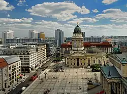Gendarmenmarkt with the Konzerthaus to the right and the German Church in the background, as seen from the top of the French Church, 2011