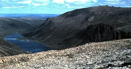 View towards Loch A'an and Beinn Mheadhoin The 'Middle Hill' from Shelter Stone Craig.