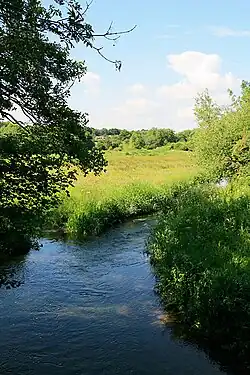 Upstream of River Meon as it crosses Ironmill Lane, Fareham, north of the M27 motorway