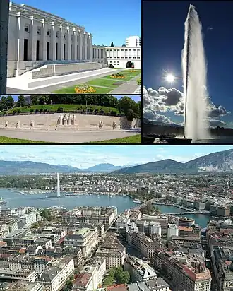 From top to bottom and left to right: Palais des Nations, Jet d'Eau, Reformation Wall, Geneva and Lake Geneva.