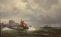Fishing boat and a steamer off a Rocky Coast (1870)