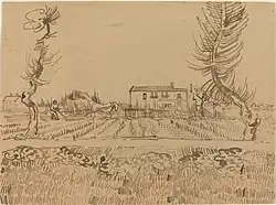 pen and ink drawing of a ploughman in a field near Arles, by Vincent Van Gogh