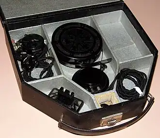 Dictograph Acousticon Silver Anniversary Model 28 carbon hearing aid and case, 1928