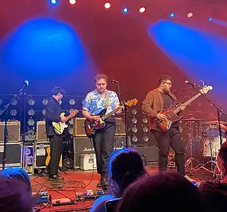Vistas in concert at Cardiff University Students' Union in 2022; from left to right: Dylan Rush, Prentice Robertson and Jamie Law