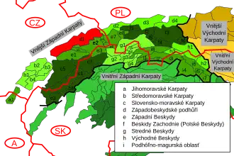 Moravian-Silesian Foothills, marked in red and labeled with D1