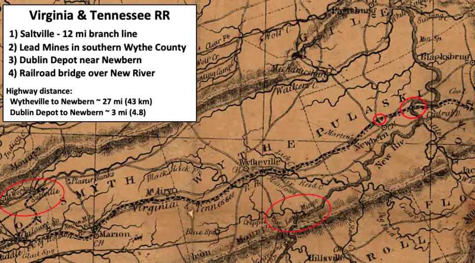 An old map with salt mines, lead mines, railway Depot, and bridge circled in red