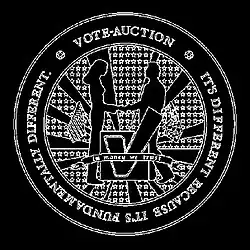 A white Seal against a black background depicting a man and woman shaking hands. It is surrounded by a circle inscribed with the words "Vote-Auction" and "It's different because it's fundamentally different."