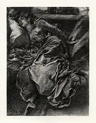 Image 11 The Sleeping Beauty Illustration: W. E. F. Britten; restoration: Adam Cuerden "The Sleeping Beauty" is a poem written by Alfred, Lord Tennyson, and published in 1830; it was later expanded and published in 1842 as "The Day-Dream". Based on the fairy tale Sleeping Beauty, the poem (as with many of Tennyson's adaptations of existing literary works) focuses on a single aspect of the story, the appearance of the eponymous character as she sleeps. This illustration by W. E. F. Britten was published in 1901 to accompany a reprinting of "The Sleeping Beauty". It accompanies the poem's final lines: "She sleeps, nor dreams, but ever dwells / A perfect form in perfect rest." More selected pictures