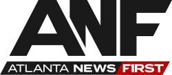 On top, the black letters A, N, and F in a sans serif, with the A overlapping and cutting off the N and the F having a diagonal cut. Below are the words "Atlanta News First" in all caps in a wide sans serif. Atlanta is in black and at left. The words NEWS and FIRST are in black and red boxes. The capital I in FIRST is stylized like the number 1.