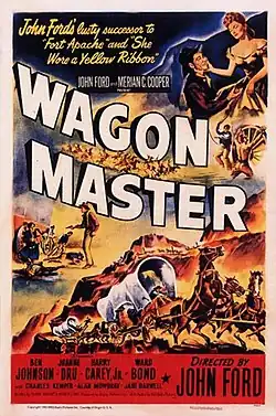 Color poster. The word "WAGON" sweeps across the middle of the poster, with the word "MASTER" below it; just above there is text in smaller font that reads "John Ford and Merian C. Cooper present". Several scenes from the film are painted around the text, including a woman affectionately looking down at a kneeling man, a shootout with one man standing, holding a pistol, and several men falling or lying on the ground, and two covered wagons being pulled by galloping and rearing horses. At the top left there is text reading "John Ford's lusty successor to 'Fort Apache' and 'She Wore a Yellow Ribbon'". The credit block at the bottom reads "Ben Johnson - Joanne Dru - Harry Carey, Jr. - Ward Bond", with "Directed by John Ford" in larger font at the right. In smaller lettering, nearer the bottom, the poster has another line of credits "and Charles Kemper - Alan Mowbray - Jane Darwell".
