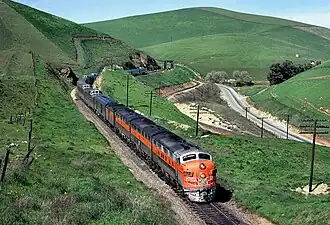 Eastbound California Zephyr just east of Altamont Pass, February 1970.