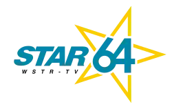 At left, the italicized blue lettering "STAR" next to the blue numeral 64 encased in five yellow points that outline a tilted star. The call sign W S T R - TV is displayed in black beneath the word STAR.