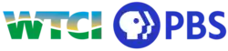 The letters WTCI, containing a green curved area as well as a light blue to yellow gradient, reminiscent of a sunrise or sunset over hills, next to the PBS network logo in blue.
