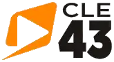 At left, a yellow-orange parallelogram with rounded edges with a cutout triangle shape representing a "play" button symbol. At right, two lines of text, the top row in a light font weight reading "CLE" with the bottom row in a heavy font weight reading "43".