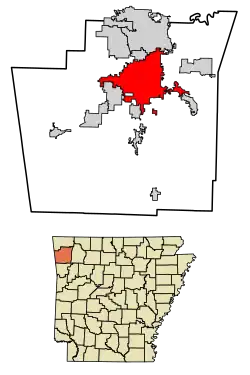 Location of Fayetteville in Washington County, Arkansas.