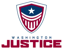 The logo for Washington Justice displays the Washington Monument forming a W inside a striped shield.