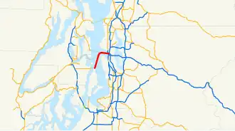 A red line indicates the path the ferry takes through Puget Sound (indicated in blue)