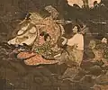 Details of the Water-Moon Avalokiteshvara painting shows a group of nobles (possibly the donors) dress in court clothing, Goryeo.[59]