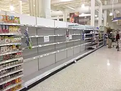 Image 1All but the most expensive bottles of water were sold out at this Publix supermarket before Hurricane Irma; in the week preceding the storm, water sold out soon after shipments arrived (from Tropical cyclone preparedness)