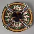 Coloured glazes majolica Angels dessert plate, c. 1867, Revivalist in style