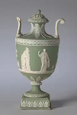 Covered Wedgwood urn; c.1800; jasper ware with relief decoration; overall: 19.7&nbsp;cm; Cleveland Museum of Art, Cleveland, Ohio, US[97]