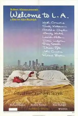 A distant cityscape, a bed with a red telephone the receiver on the pillow, and the tagline "The city of the one night stands"