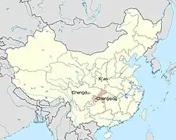 The locations of the three cities which form the Economic Zone. Chongqing Municipality is shaded red.