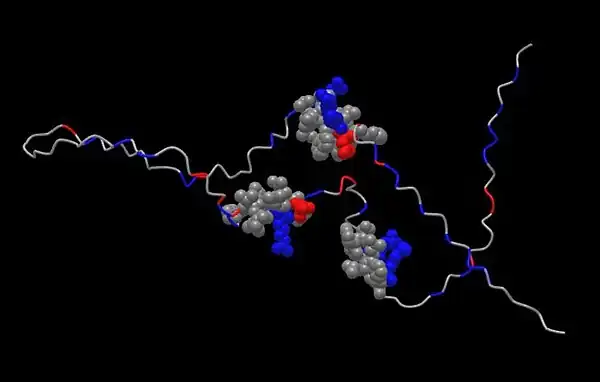 AlphaFold protein structure prediction of human C20orf144. Blue indicates positive residues, red indicates negative residues, and gray indicate neutral residues. The predicted alpha helices are shown in spherical form. The iCn3D Structure Viewer program in NCBI was used to add charge indications and spherical form.