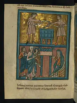 Bottom: When Samuel was weaned, Hannah and Elkanah brought him to the temple. (William de Brailes, c. 1250).