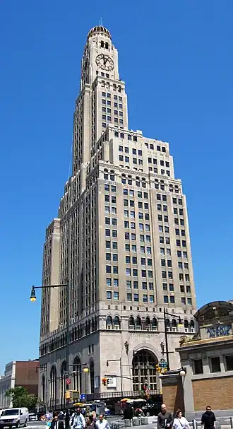 The Williamsburgh Savings Bank Tower as seen from Fourth Avenue on a sunny day in 2010