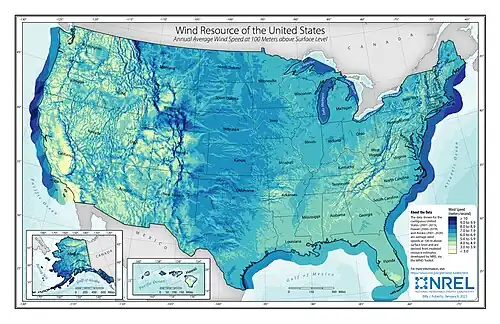 Map of average wind speeds at 100 meters for the United States.