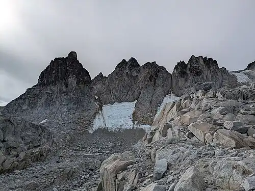 Witches Tower (left), Dragontail Glacier, and Dragontail ridge from near Aasgard Pass (11 October 2024)