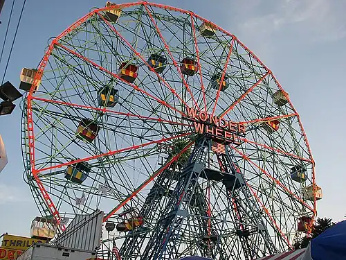Wonder Wheel, a 45.7-metre (150&nbsp;ft) tall eccentric wheel at Deno's Wonder Wheel Amusement Park, Coney Island, was built in 1920 by the Eccentric Ferris Wheel Company[180]