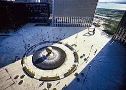 The Sphere in the center of Austin J. Tobin Plaza in 1976