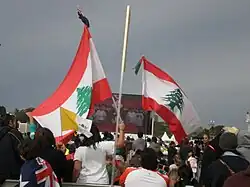 Lebanese celebrating World Youth Day 2008 in Sydney while holding the national flags
