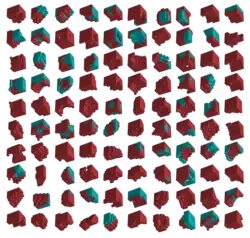 One hundred computer-designed blueprints for a walking organism composed of passive (cyan) and contractile (red) voxels.