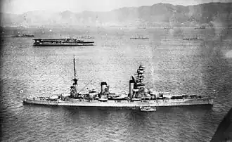 Japanese battleship Yamashiro (foreground) in October 1930, with original tripod mast