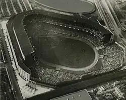 Aerial view of Yankee Stadium after the left field grandstand was extended