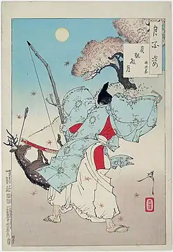 Ukiyo-e by Tsukioka Yoshitoshi depicting Minamoto no Tsunemoto hunting a sika deer with a yumi