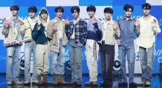 Zerobaseone in February 2025 L–R: Kim Gyu-vin, Kim Ji-woong, Seok Matthew, Han Yu-jin, Zhang Hao, Sung Han-bin, Kim Tae-rae, Ricky, and Park Gun-wook