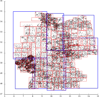 R*-tree topological split., The pages overlap very little since the R*-tree tries to minimize page overlap, and the reinsertions further optimized the tree. The split strategy also does not prefer slices, so the resulting pages are much more useful for common map applications.