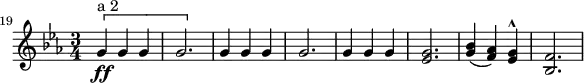 
\relative c'' {
\set Staff.midiInstrument = #"french horn"
\set Score.tempoHideNote = ##t
\tempo 4 = 192
\key c \minor
\time 3/4
\set Score.currentBarNumber = #19
\bar ""
\[ g4\ff^"a 2" g g | g2. | \]
g4 g g | g2. |
g4 g g | <es g>2. |
<g bes>4(<f as>) <es g>^^ | <bes f'>2. |
}
