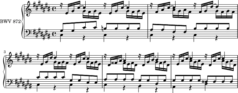 
\version "2.18.2"
\header {
  tagline = ##f
}

upper = \relative c' {
  \clef treble 
  \key cis \major
  \time 4/4
  \tempo 4 = 80
  \set Staff.midiInstrument = #"harpsichord"

   %% PRÉLUDE CBT II-3, BWV 872, ut-dièse majeur
   \repeat unfold 2 { << { r16 eis gis cis~ cis4 } \\ { s4 gis16 fis gis eis } >> }
   << { r16 fis16 ais cis~ cis4 r16 fis, gis dis'~ dis4 } \\ { s4 ais16 gis ais fis s4 gis16 fis gis fis } >>
   << { r16 eis16 gis dis'~ dis4 r16 eis,16 gis cis~ cis4 } \\ { s4 gis16 fis gis fis s4 gis16 fis gis eis } >>
   << { r16 dis16 fisis ais~ ais4 r16 dis,16 gis bis~ bis4 } \\ { s4 fisis16 eis fisis dis s4 gis16 fisis gis dis } >>
   << { r16 eis16 ais cis~ cis4 r16 dis,16 ais' cis~ cis4 } \\ { s4 ais16 gis ais eis s4 ais16 gis ais dis, } >>
}

lower = \relative c {
  \clef bass 
  \key cis \major
  \time 4/4
  \set Staff.midiInstrument = #"harpsichord" 
    
   << { gis'8 gis cis cis b b b b ais ais fis fis \repeat unfold 4 { bis } \repeat unfold 4 { cis } gis gis eis eis | ais ais ais ais gis gis dis gis | \repeat unfold 4 { gis } \repeat unfold 4 { fisis } | } \\ { \repeat unfold 3 { \repeat unfold 2 { cis4 r4 } } cis4 r4 bis r4 ais r4 dis } >>
    
}

\score {
  \new PianoStaff <<
    \set PianoStaff.instrumentName = #"BWV 872"
    \new Staff = "upper" \upper
    \new Staff = "lower" \lower
  >>
  \layout {
    \context {
      \Score
      \remove "Metronome_mark_engraver"
    }
  }
  \midi { }
}
