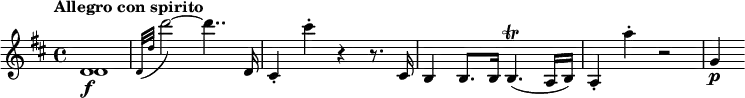 
\relative c' {
  \tempo "Allegro con spirito"
  \key d \major
  \time 4/4
  <<
    { d1\f | } \\
    { d1 | }
  >>
  \appoggiatura { d32[ d'] } d'2~ d4.. d,,16 |
  cis4-. cis''-. r r8. cis,,16 |
  b4 b8. b16 b4.\trill( a16 b) |
  a4-. a''-. r2 |
  g,4\p
}
