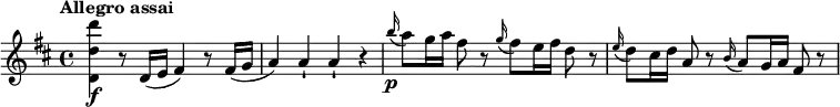 \relative c'' {
\key d \major
\tempo "Allegro assai"
<d' d, d,>\f r8 d,,16( e fis4) r8 fis16( g a4) a-! a-! r \grace b'16\p(a8 ) g16 a fis8 r \grace g16(fis8 ) e16 fis d8 r \grace e16(d8 ) cis16 d a8 r \grace b16(a8 ) g16 a fis8 r
}