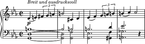 
{ \new PianoStaff <<
\new Staff { \set Staff.midiInstrument = #"piano" \key c \minor \clef treble \time 2/2 \set Score.tempoHideNote = ##t \stemUp \tempo 2 = 55
         <> \p<> ^\markup \italic {"Breit und ausdrucksvoll" } d'4( e') \tuplet 3/2 { fis' g' a' }
         b'2 cis'4 d'
         ees'( f') \tuplet 3/2 { g' a' b' }
         b'( c'') c''2 }
  \new Staff <<
    \new Voice \relative c' { \stemUp \clef bass \key c \minor \time 2/2
    b1~ 
    b2 b2
    b2. d4
    ees2. r4 }
    \new Voice \relative c { \stemDown
    <g d'>1~
    <g d'>2 <g f'>2
    <g ees'>2. <gis f'>4
    <a ges'>2. r4 }
>>  >> }
